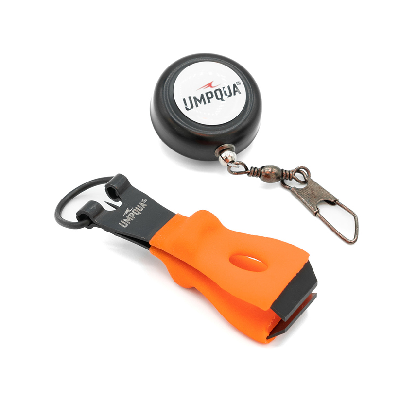 Pair of orange Umpqua River Grip PS Nippers with black Umpqua Zinger combo