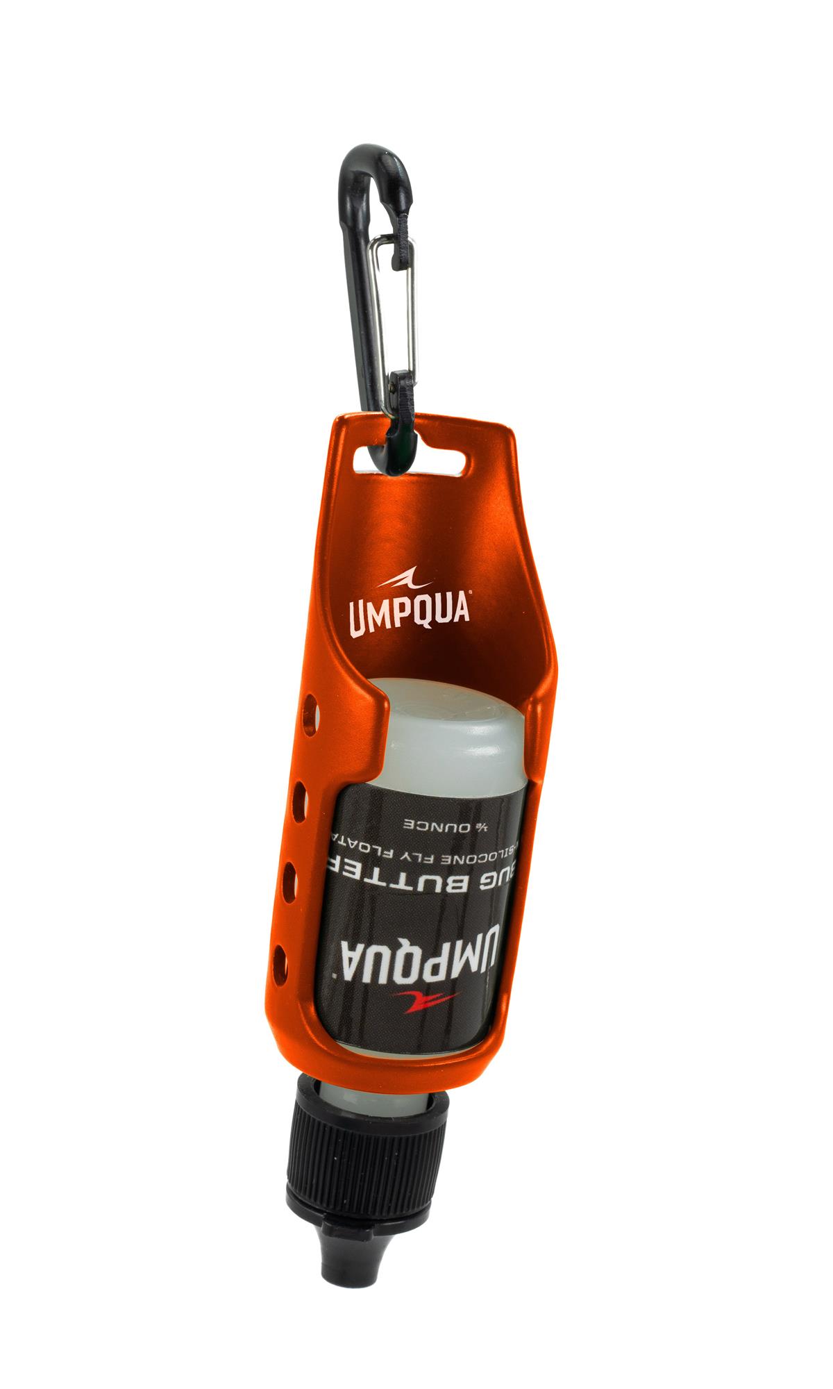 Orange Umpqua RiverRun Gel Floatant Holder with inverted gel bottle and carabiner clip for fly fishing vests