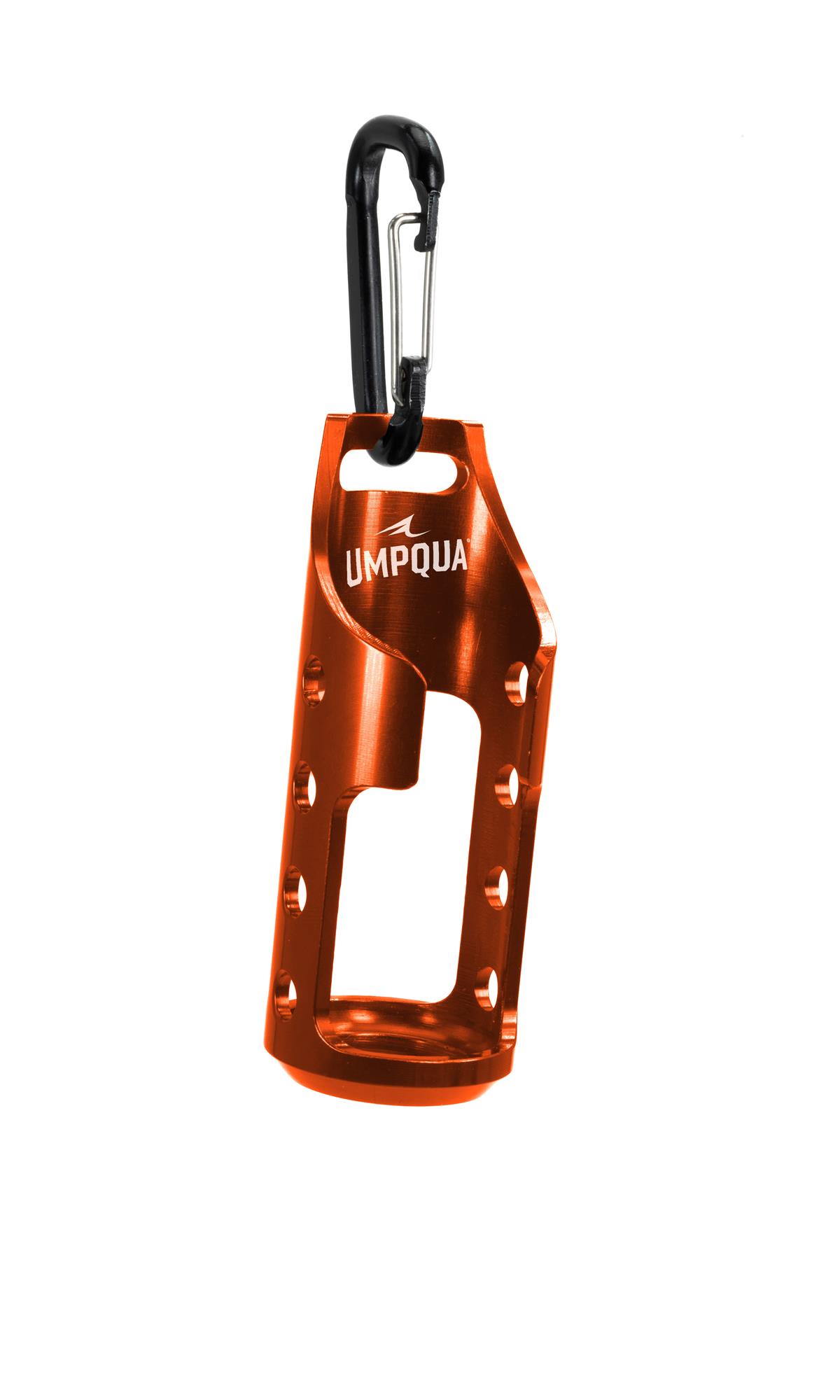 Empty orange Umpqua RiverRun Gel Floatant Holder with lightweight aluminum holster and universal carabiner