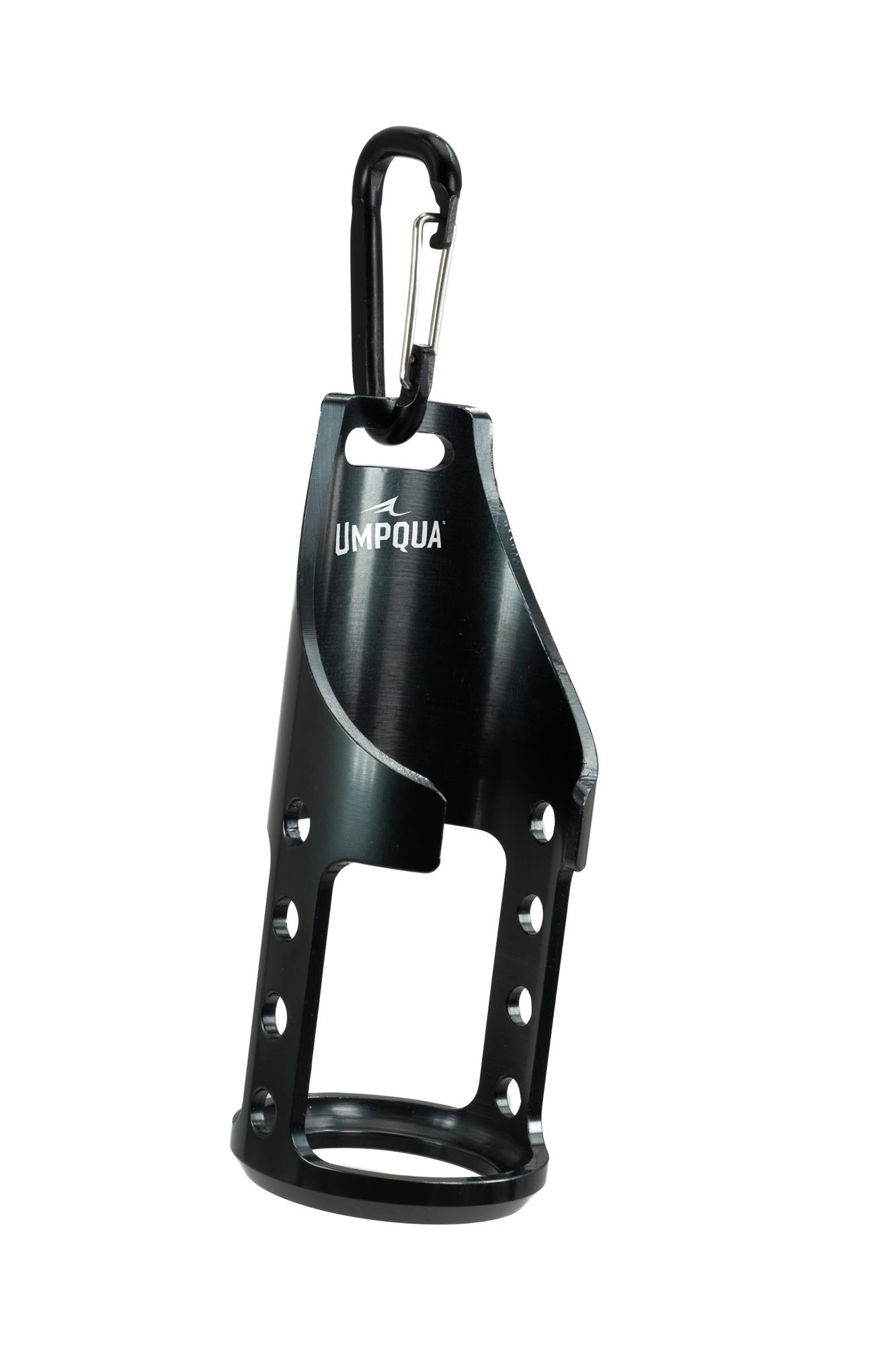 Black Umpqua RiverRun Shake Floatant Holder with open-top aluminum design and fly fishing pack clip