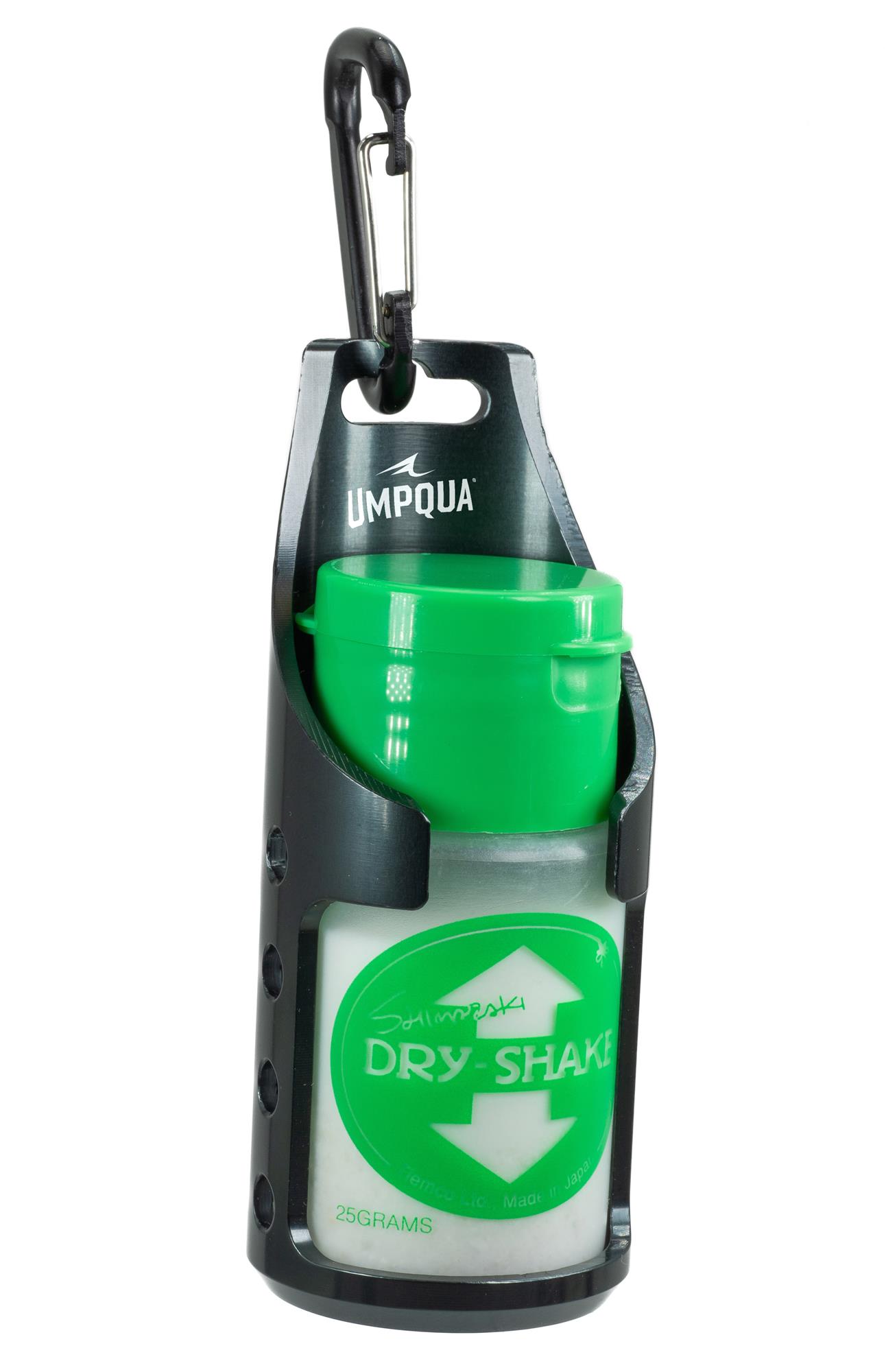 Black Umpqua RiverRun Shake Floatant Holder carrying a dry fly desiccant powder bottle with carabiner attachment