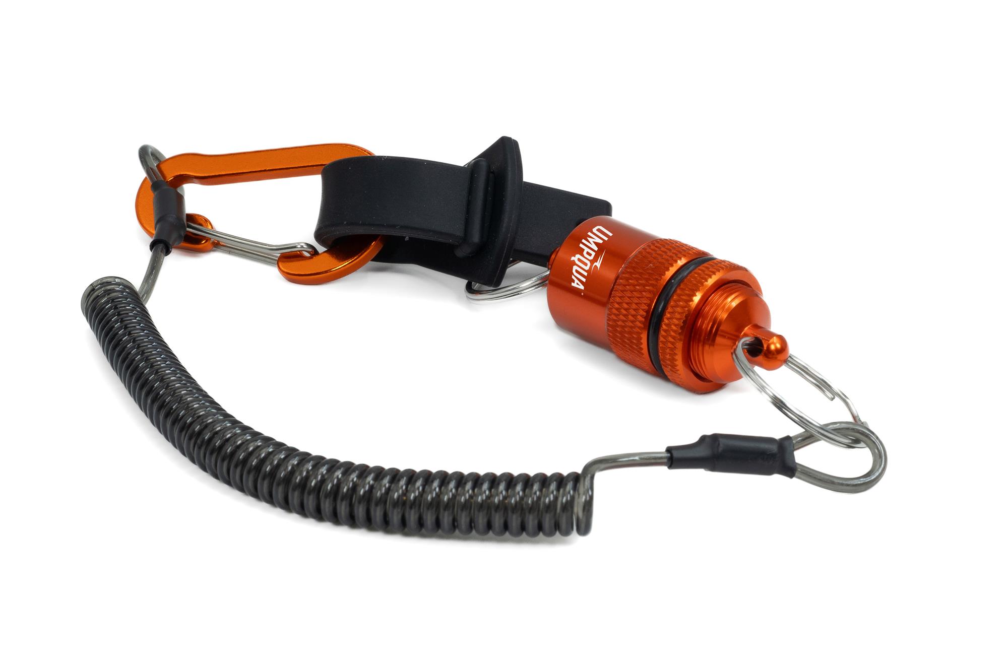 Umpqua RiverRun Magnetic Net Release with orange aluminum body, flexible net strap, carabiner, and expanding coil tether