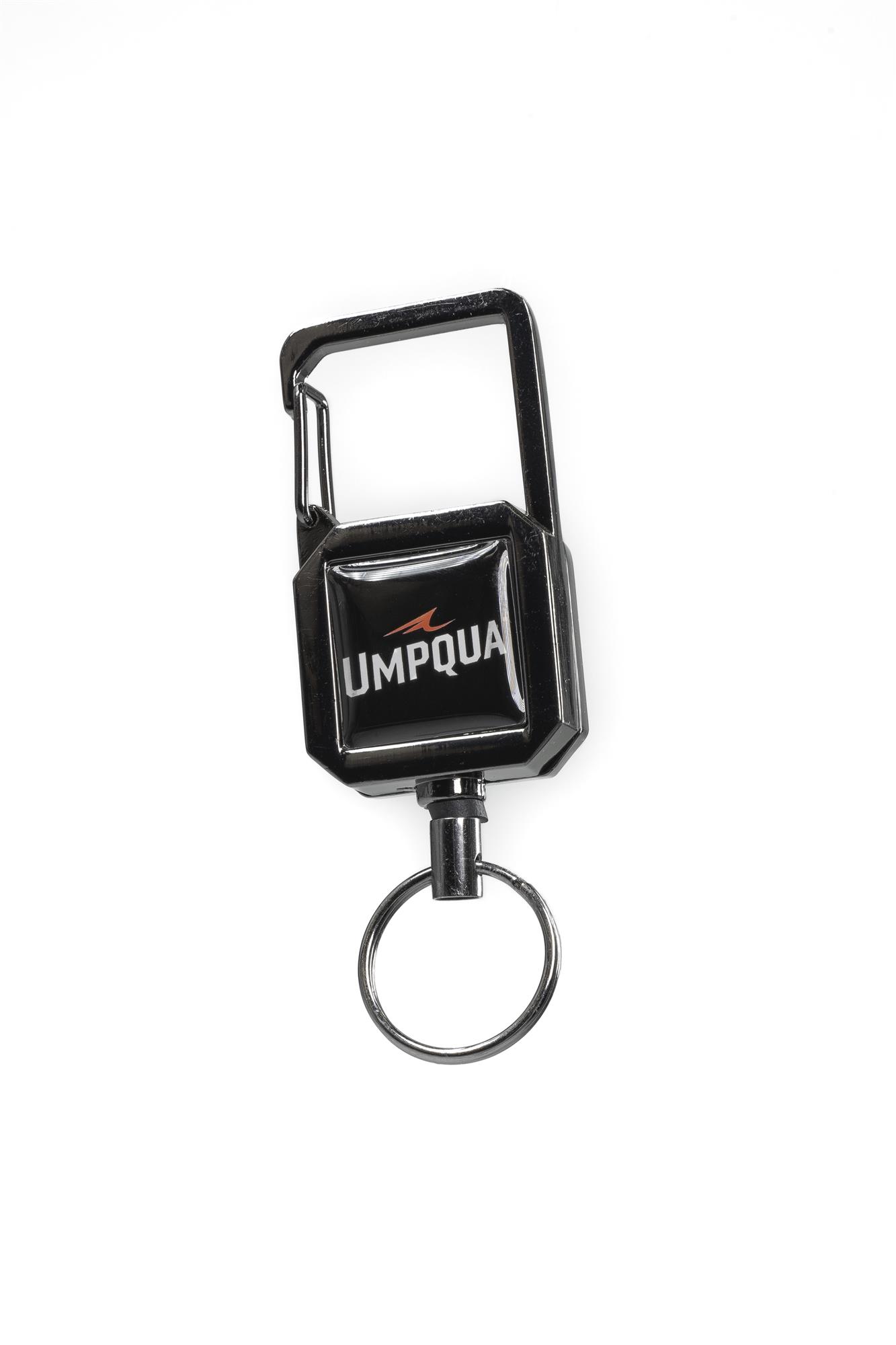 Umpqua RiverRun Small Retractor with compact aluminum body, carabiner clip, and split ring for fly fishing nippers