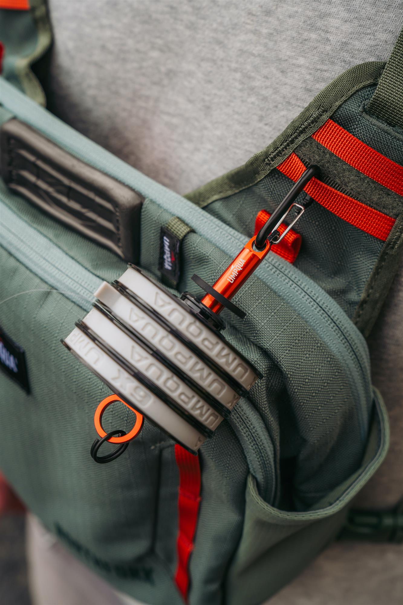 Umpqua RiverRun Tippet T attached to a fly fishing pack with four tippet spools and quick-access carabiner