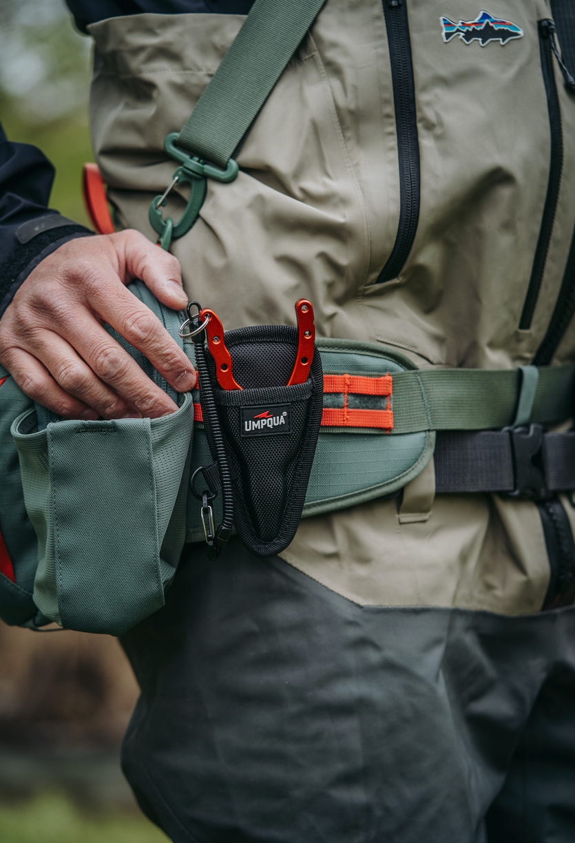 Umpqua RiverRun Trout Pliers with protective sheath ideal for trout fishing enthusiasts.