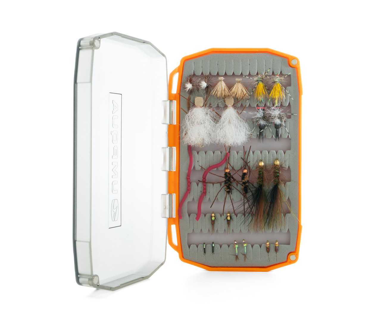 Flies and fly box included with the Umpqua Trout Fly Essential Assortment