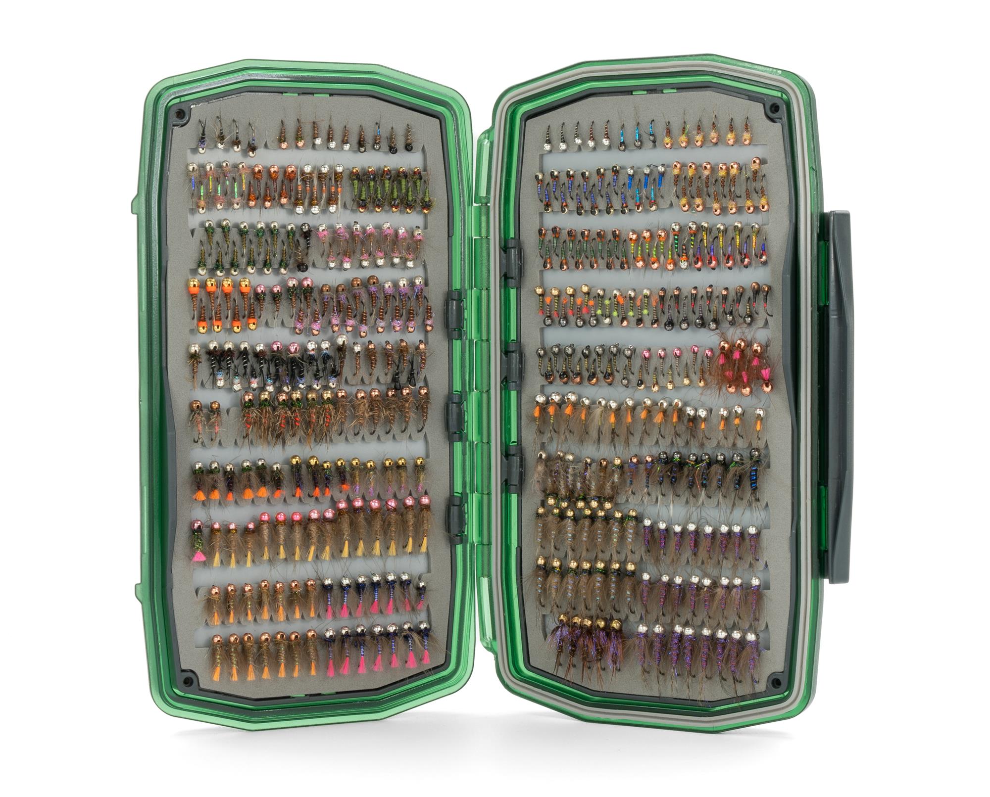 Highlighting the high capacity capability of the Umpqua Foam Waterproof Ultimate Nymph Fly Box