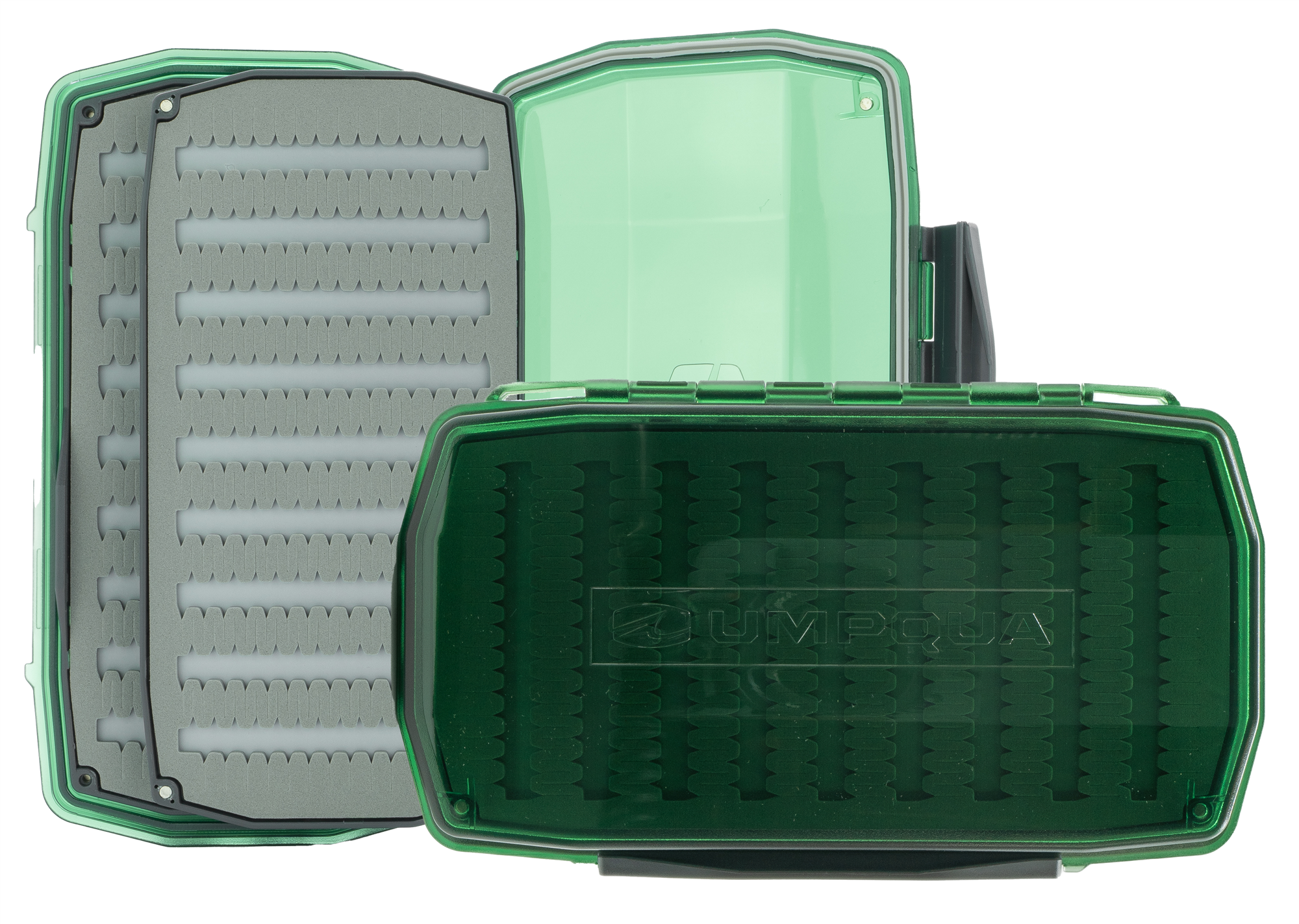 Open Umpqua Foam Waterproof Ultimate Nymph Fly Box showing inside leafs along with a closed version