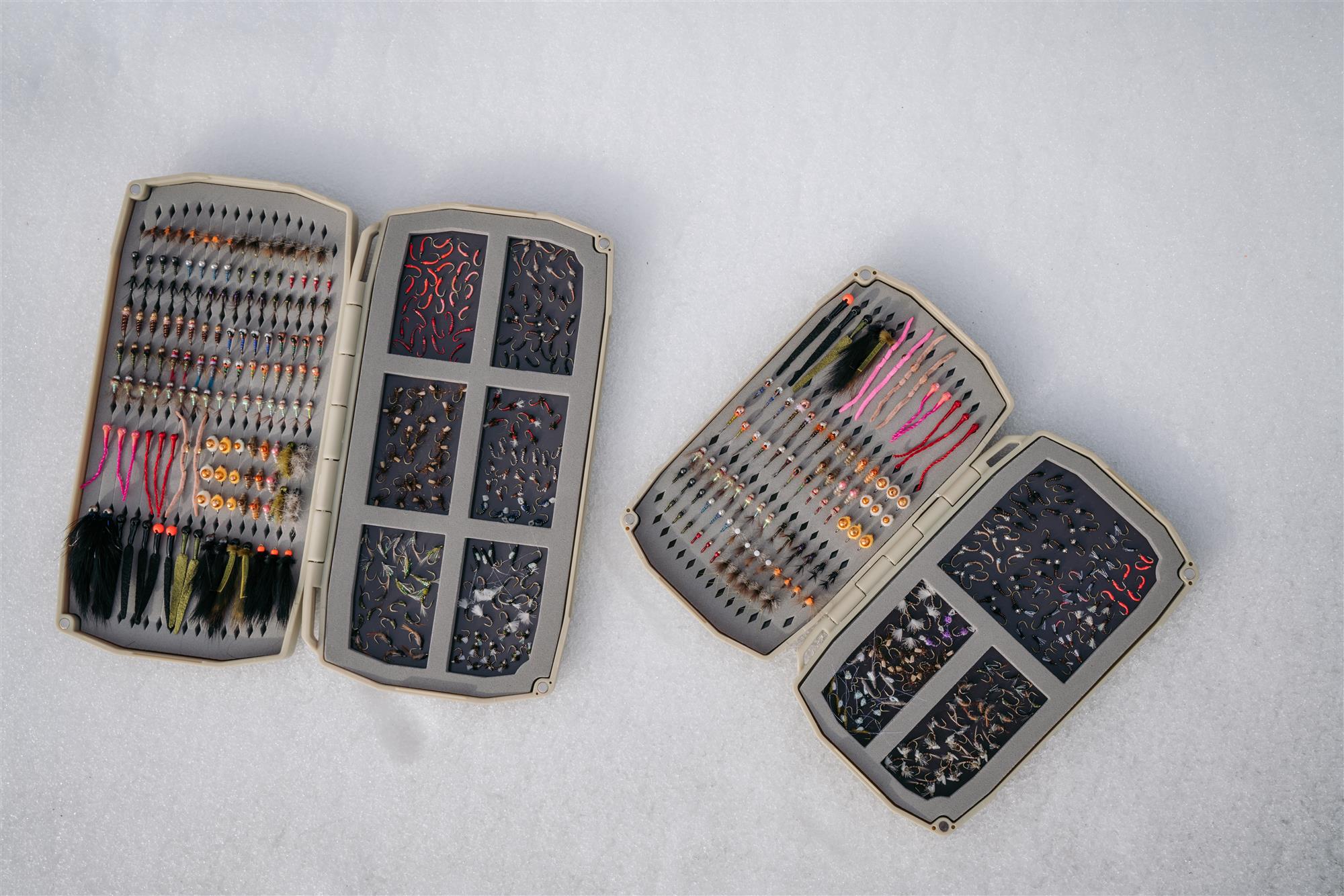 Both sizes of Umpqua's UPG Tailwater Fly Boxes filled with flies