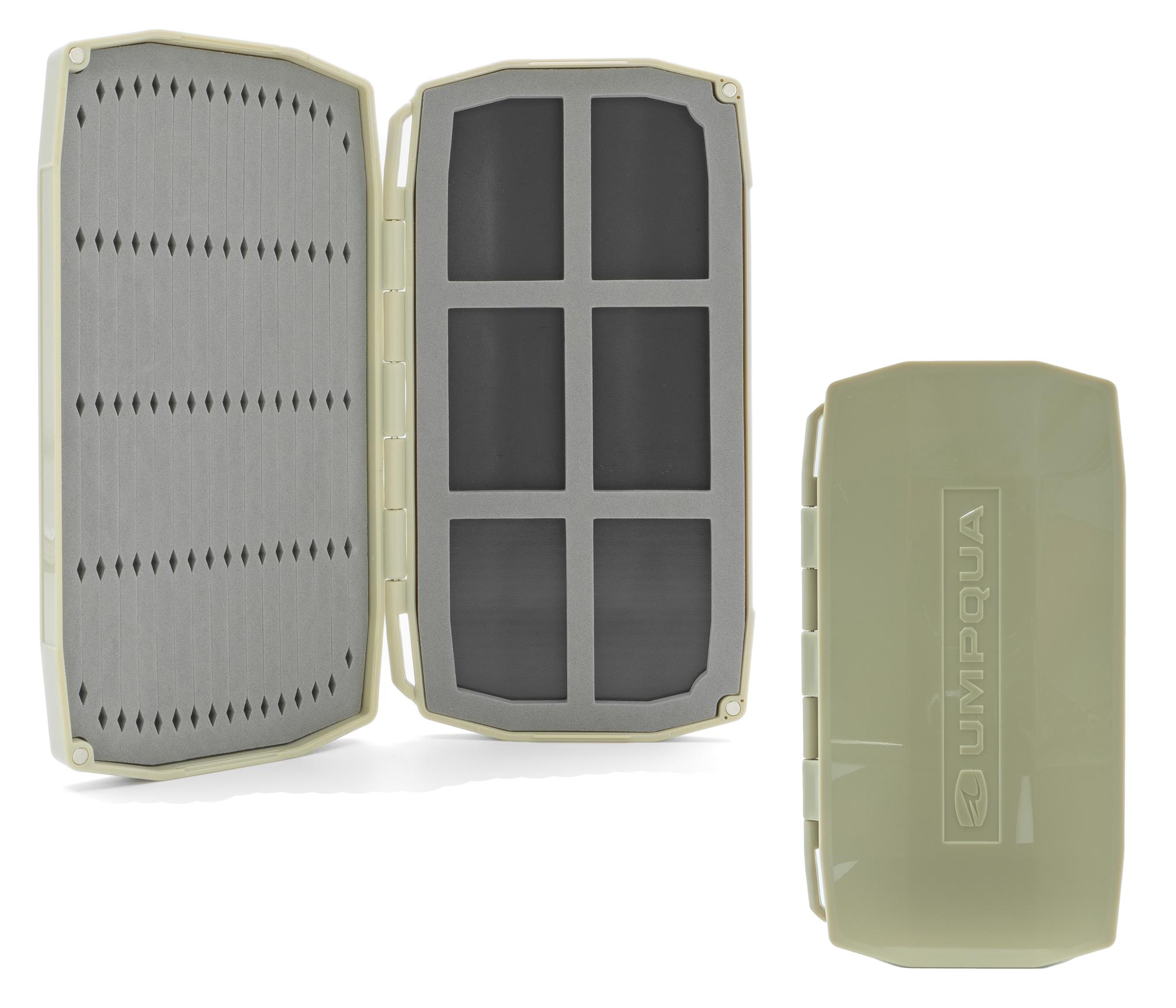 An open Large Umpqua UPG Tailwater Fly Box with the cover also visible in corner