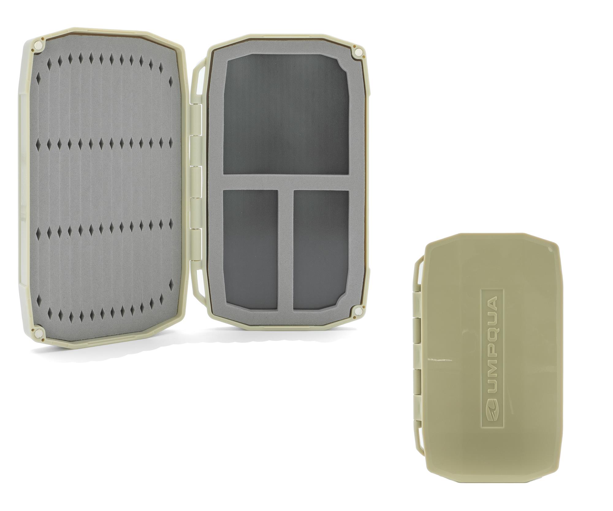 An open Mini Umpqua UPG Tailwater Fly Box with the cover also visible in corner