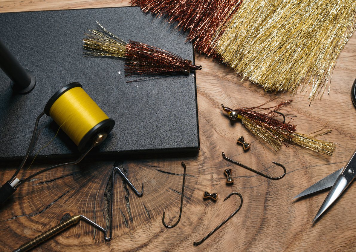 Fly tying desk with flies tied on Umpqua XT360 Hook