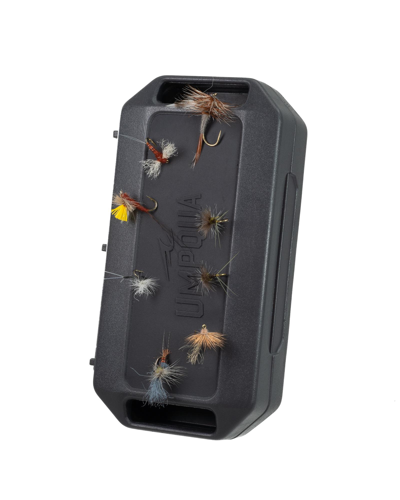 Umpqua HatchVault closed with flies on magnetic exterior pad for quick access fly fishing
