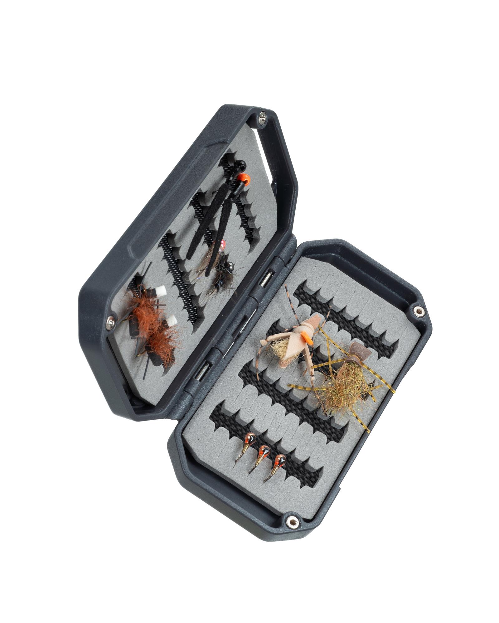 Umpqua HatchVault loaded with flies showing dual sided foam capacity fly fishing box