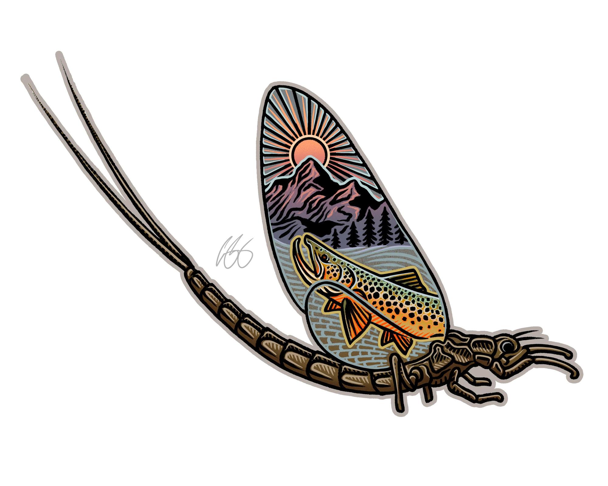 Decal of a mayfly with a brown trout and mountains in its wing