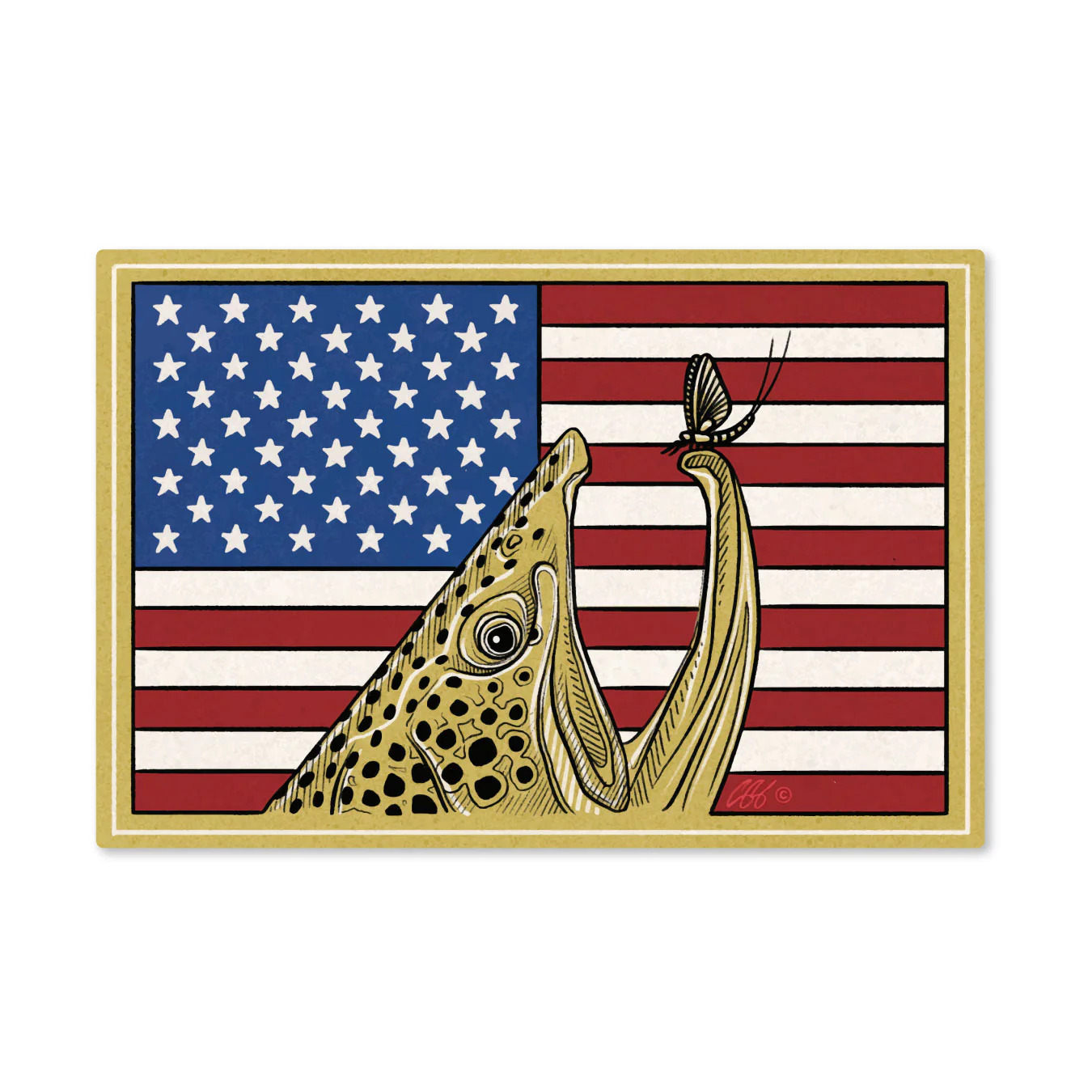 Decal showing a brown trout with a mayfly in front of an American flag