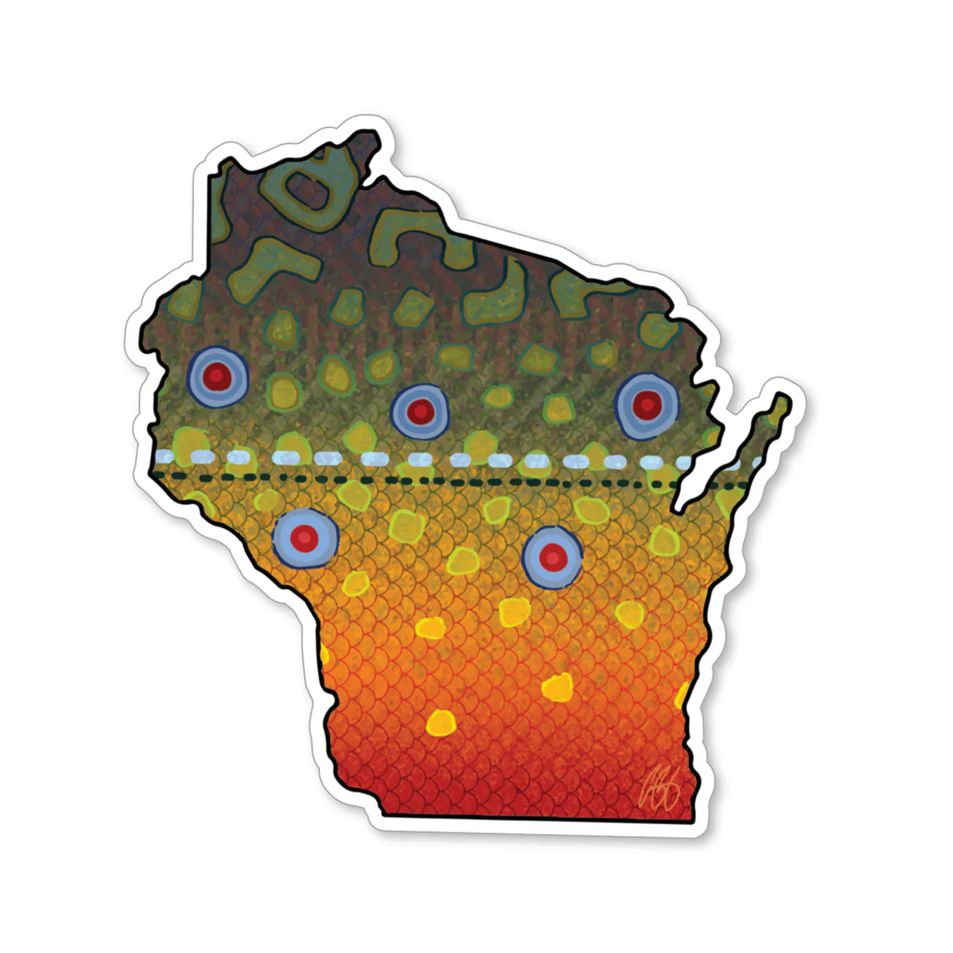 Wisconsin shaped decals featuring brook trout graphics