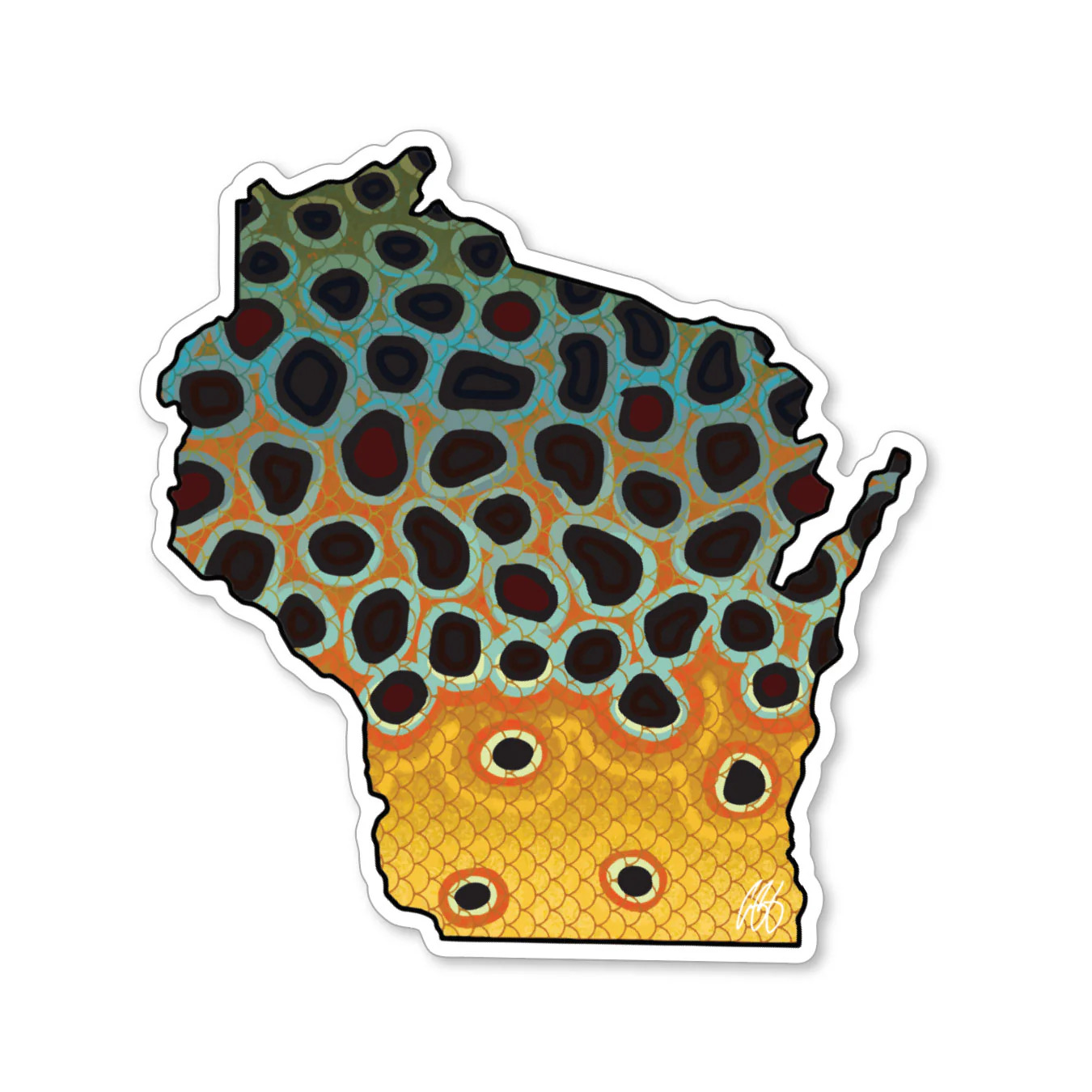Wisconsin shaped decals featuring brown trout graphics