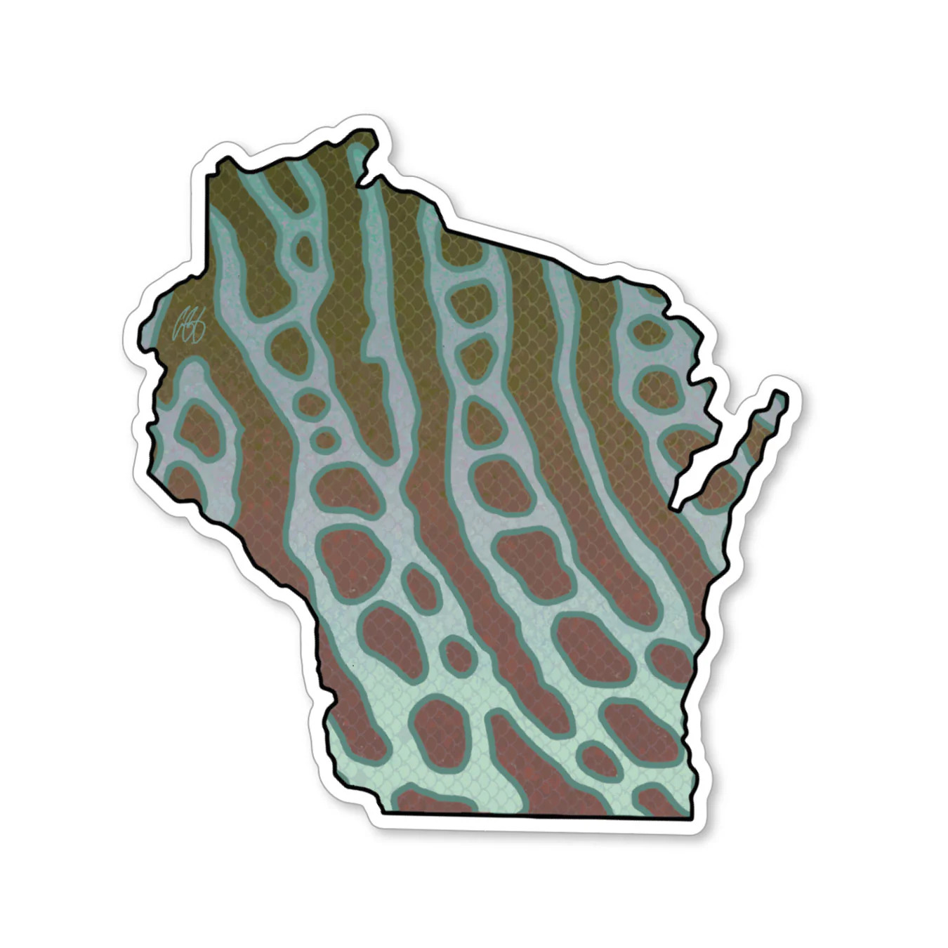 Wisconsin shaped decals featuring a musky graphic