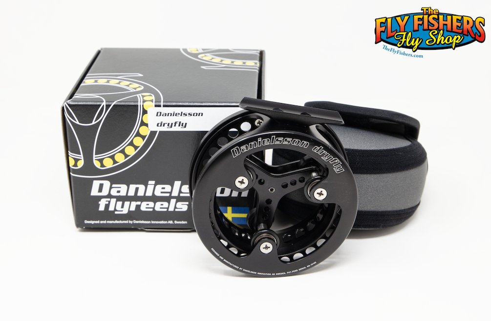 Danielsson DryFly 2-6wt Black Fly Fishing Reel with box and reel pouch
