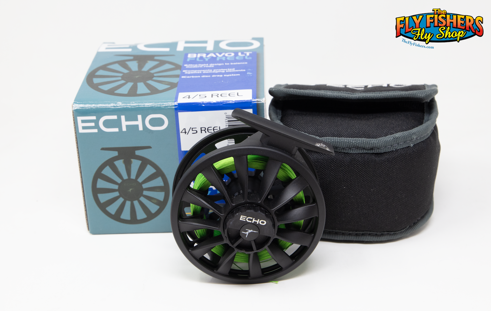 Used Echo Bravo LT 4/5 Black 4-5wt Fly Fishing Reel with reel pouch and box