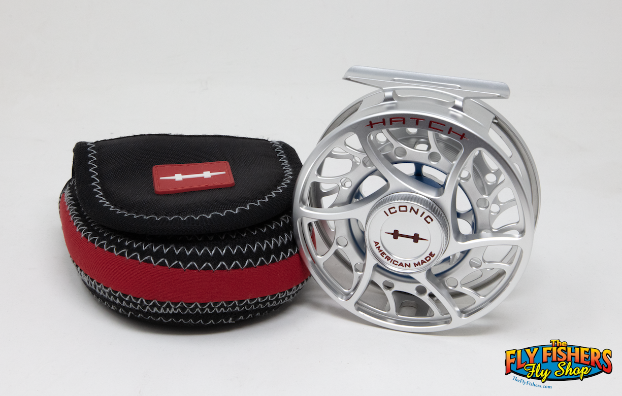 Used Hatch Iconic 5 Plus Mid Arbor Blue/Red/Clear Fly Reel with reel pouch