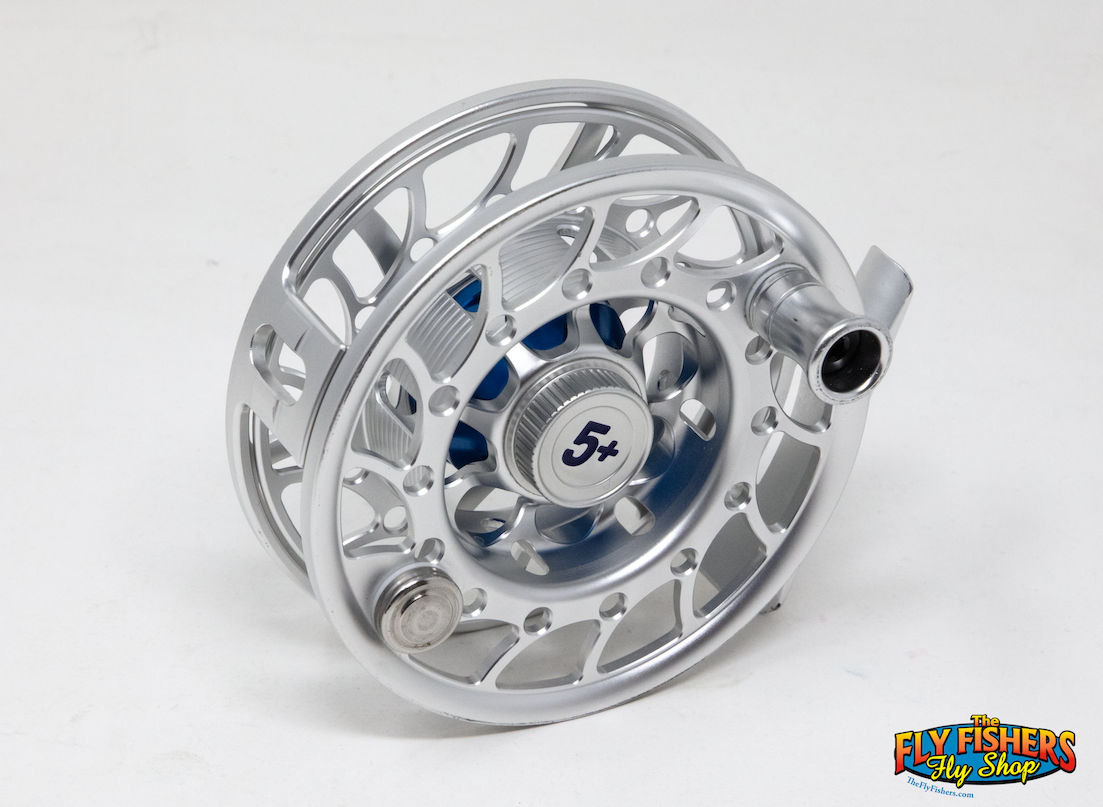 Used Hatch Iconic 5 Plus Mid Arbor Blue/Red/Clear Fly Reel spool side