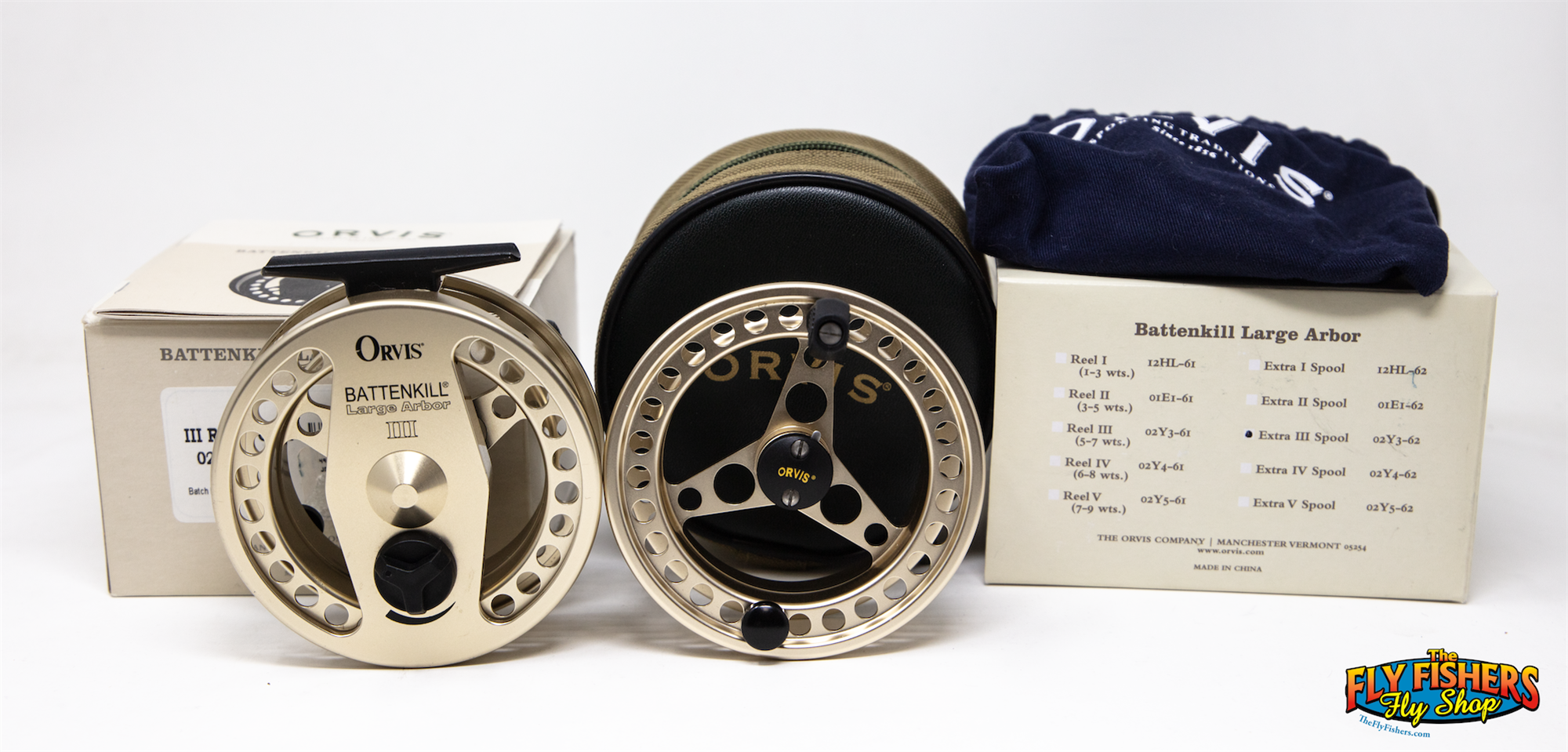 Used Orvis Battenkill Large Arbor III Gold Made in England 5-7wt Fly Fishing Reel & Spool with boxes and pouches