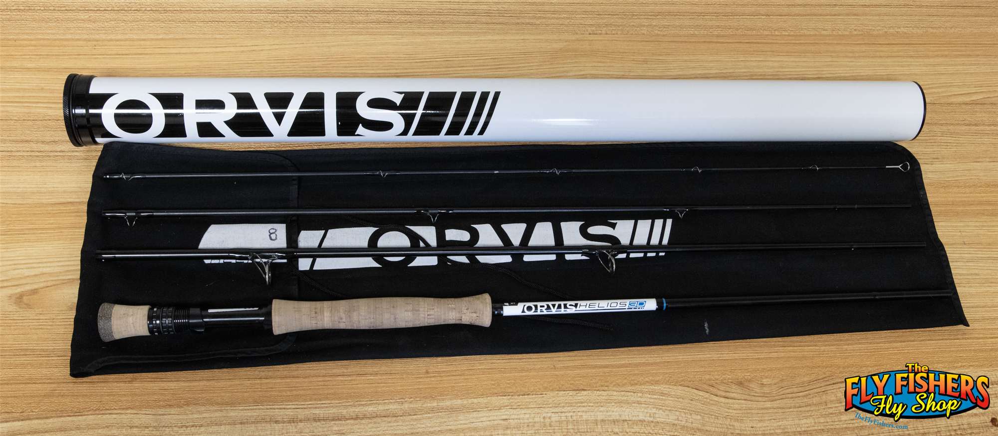Full view of Used Orvis Helios 3D 8wt 9'0" 4 Piece Fly Fishing Rod