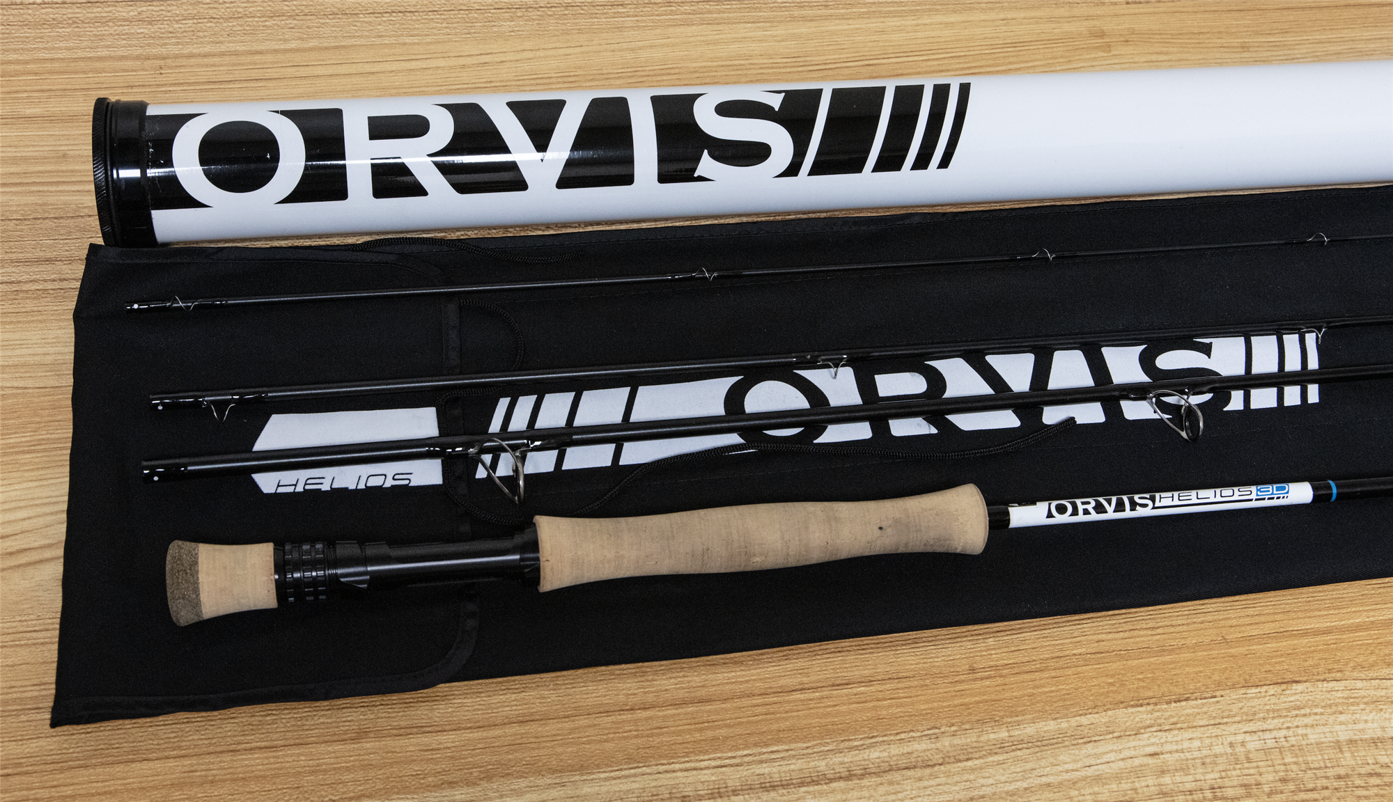 Used Orvis Helios 3D 9'0" 7wt 4pc White Label Fly Rod with rod sock and tube
