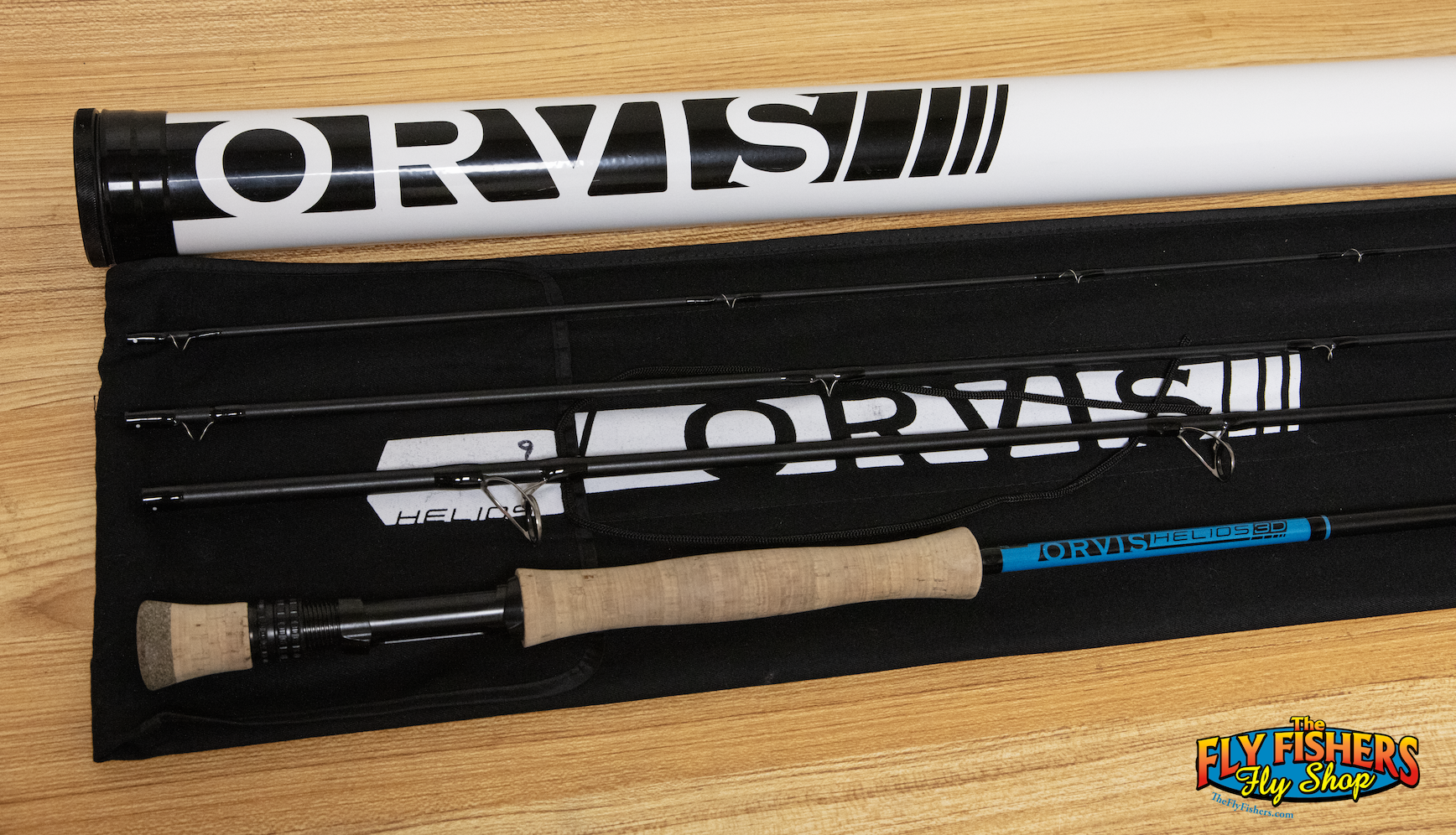 Used Orvis Helios 3D 9'0" 9wt 4pc Blue Label Fly Rod with rod sock and tube