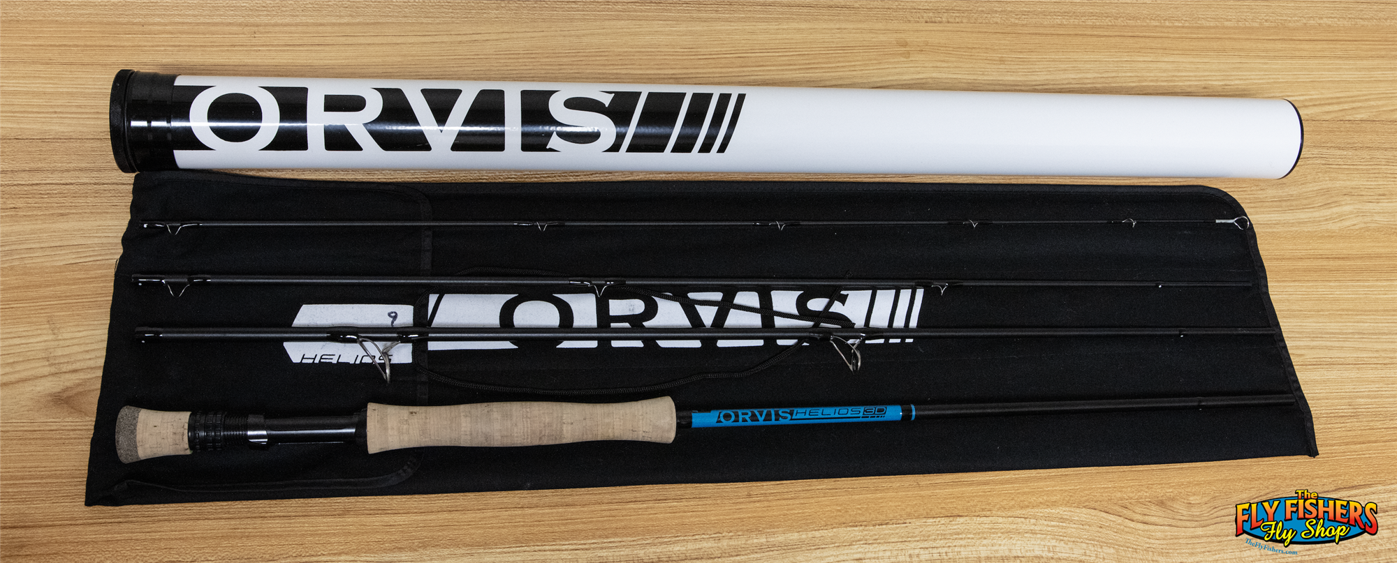Full view of Used Orvis Helios 3D 9'0" 9wt 4pc Blue Label Fly Rod