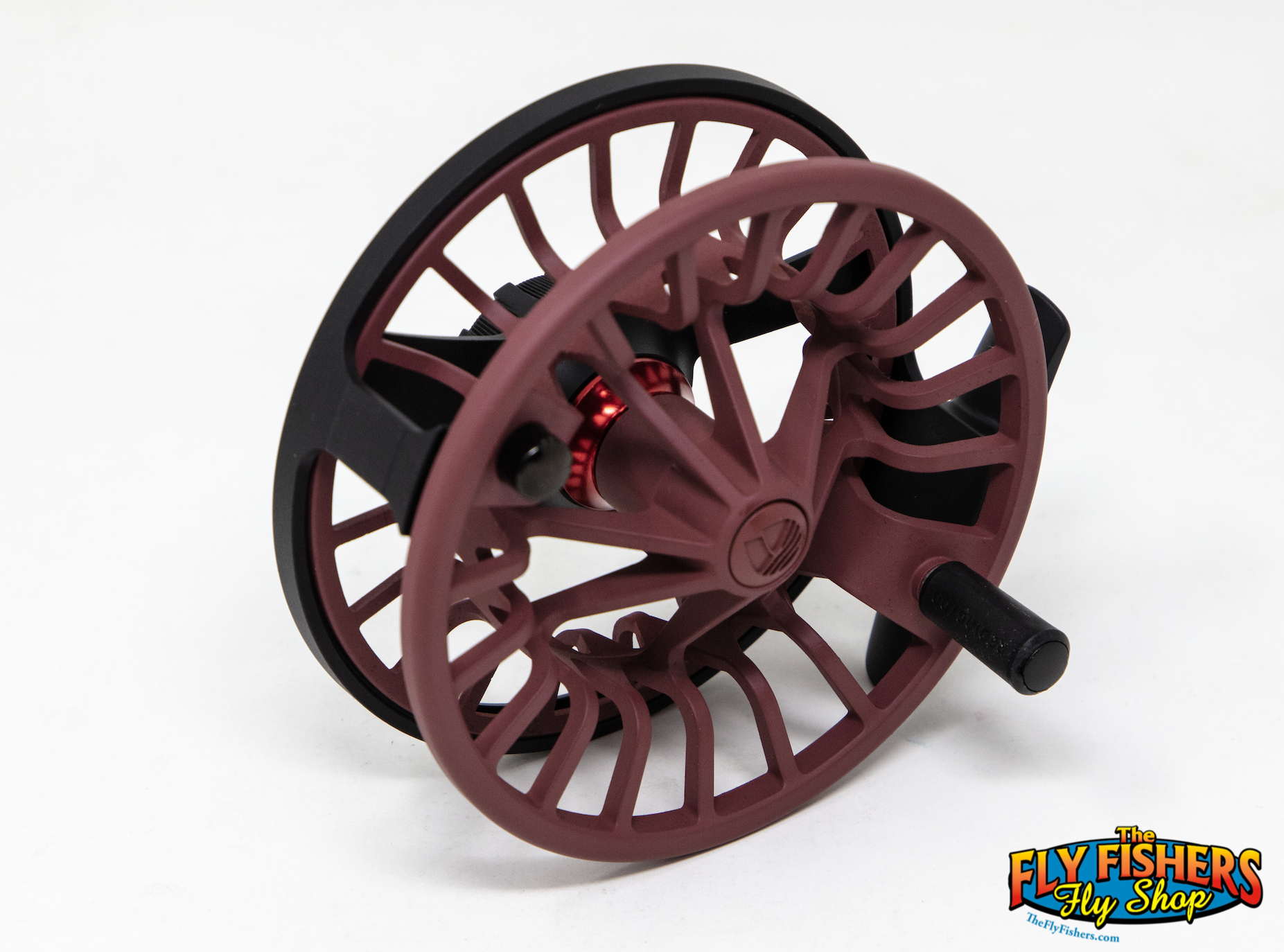 Spool side view of Redington RUN 7/8 Black/Burgundy Fly Reel