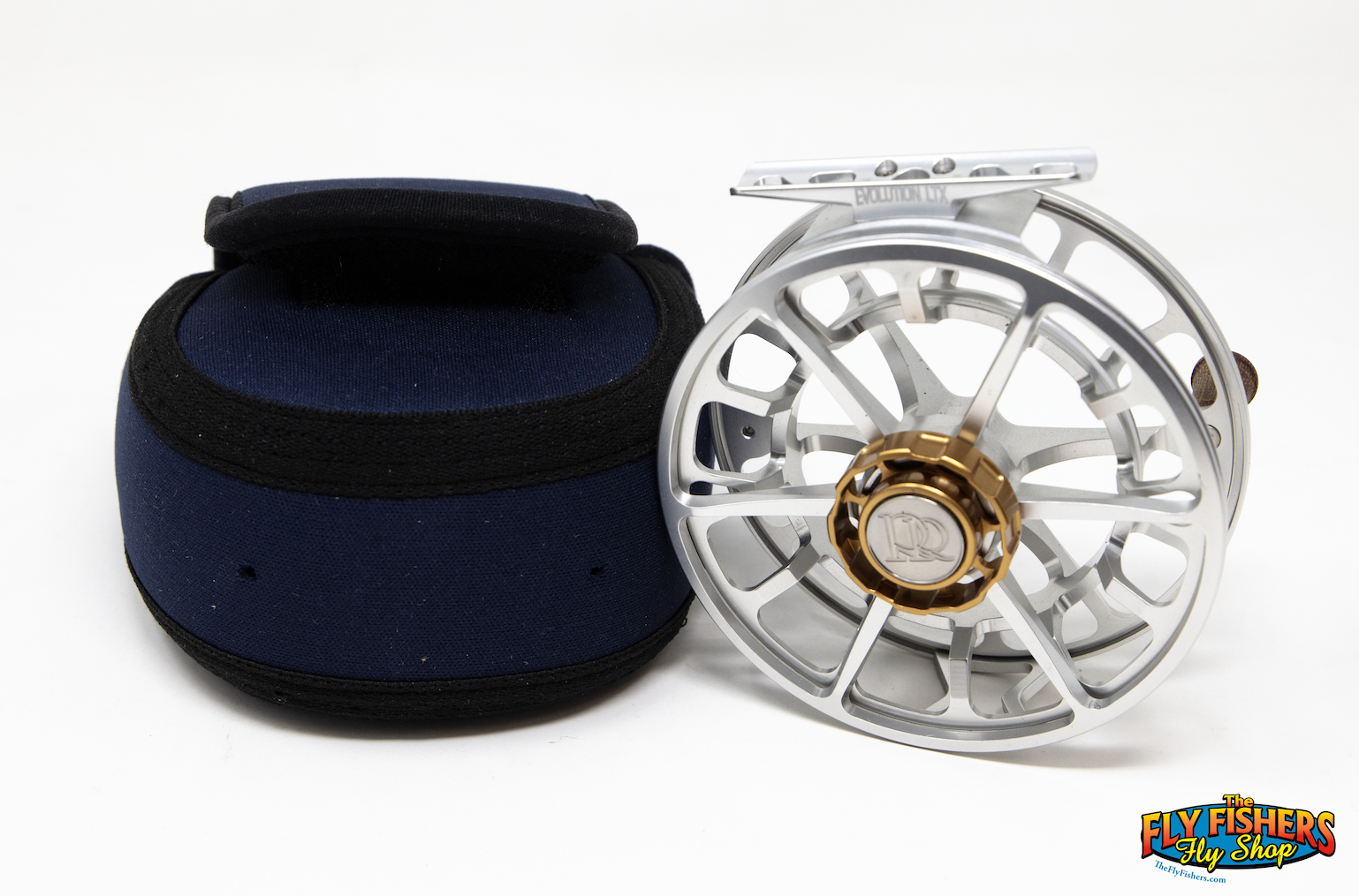 Reel pouch with frame view of Used Ross Reels Evolution LTX 7/8 7-8wt Platinum Fly Fishing Reel