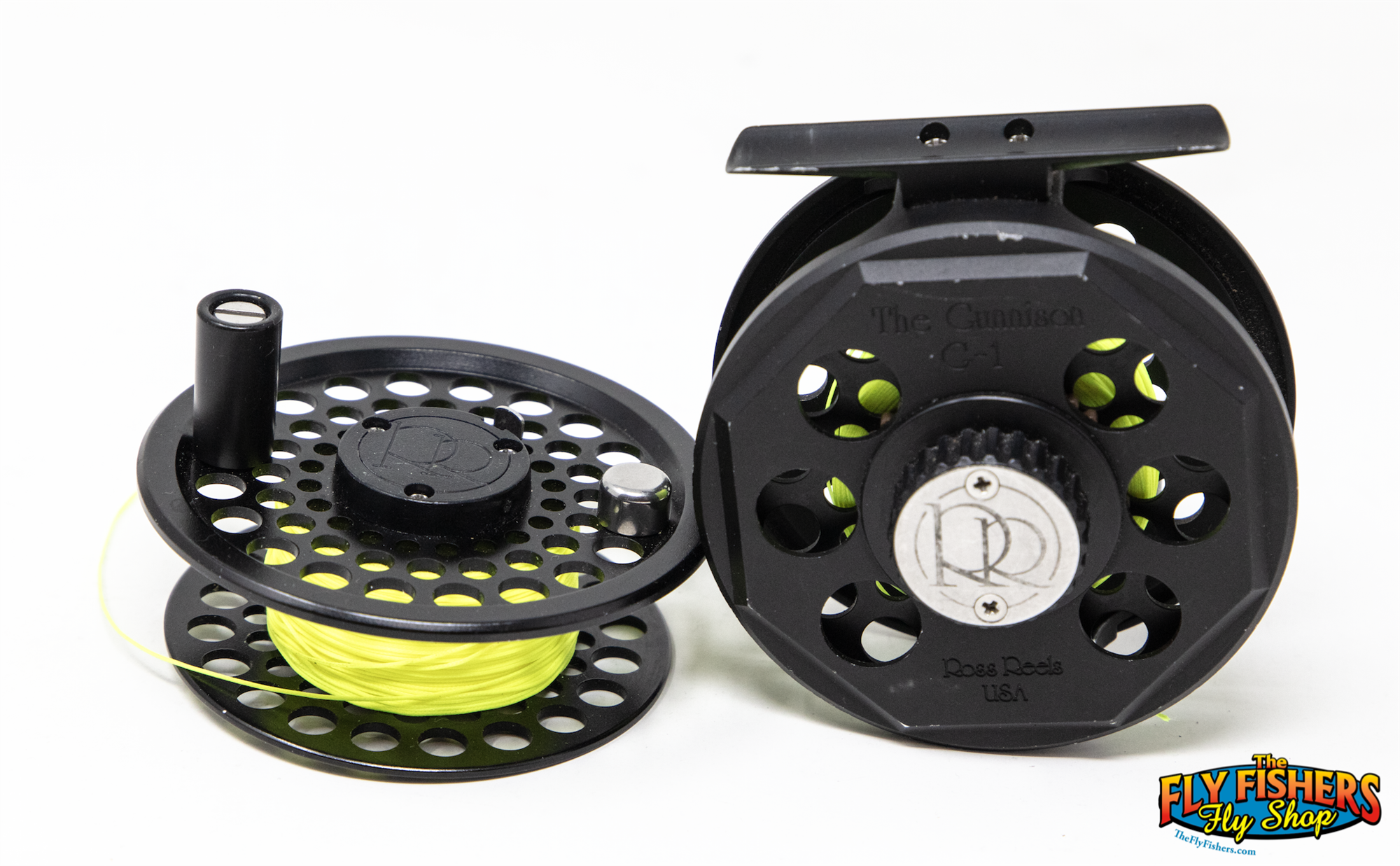 Used Ross Reels The Gunnison G-1 Black 4-5wt Fly Fishing Reel w/ Spare Spool next to each other
