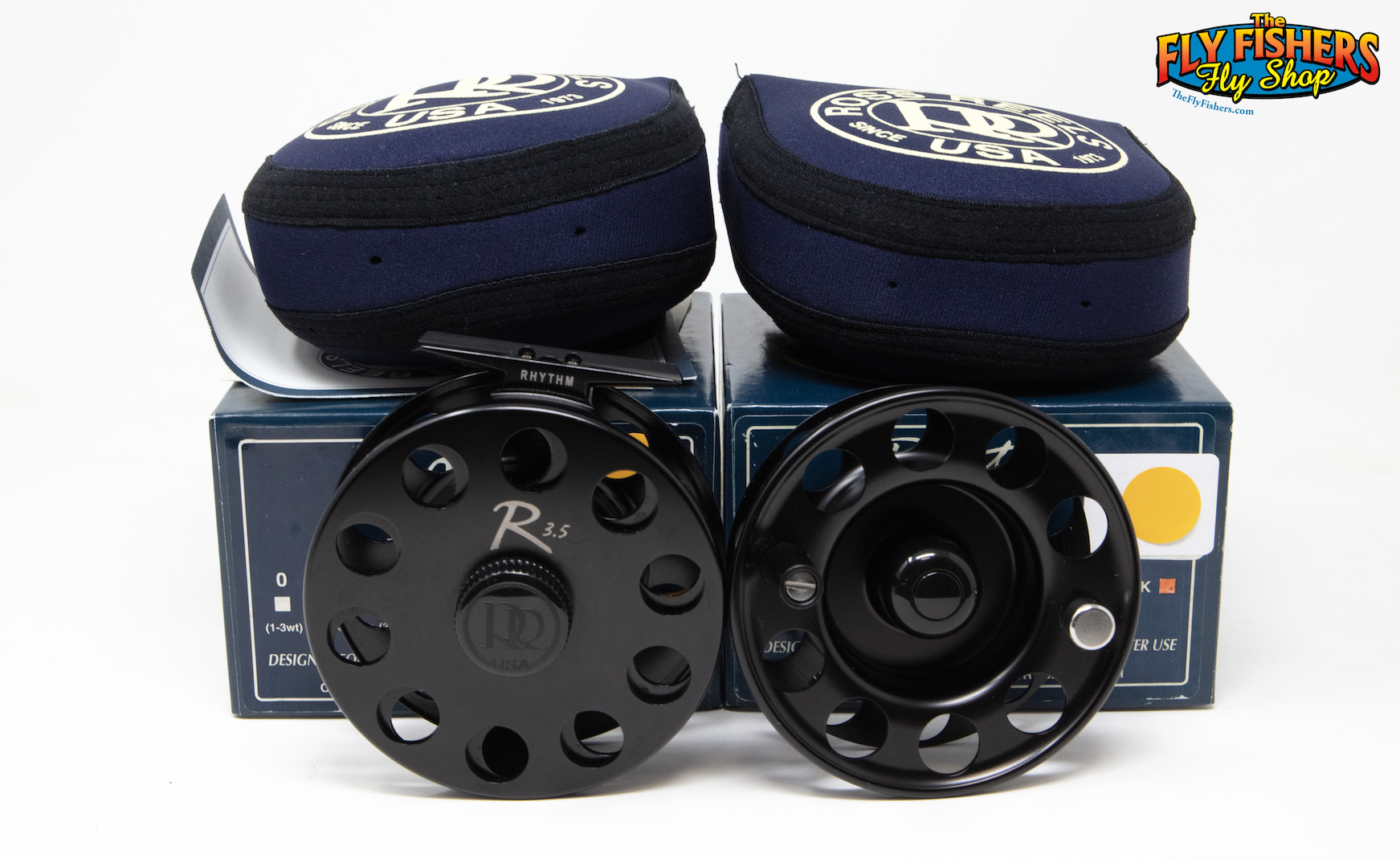 Used Ross Reels Rhythm 3.5 Black 7-9wt Fly Fishing Reel & Spool with boxes and pouches.