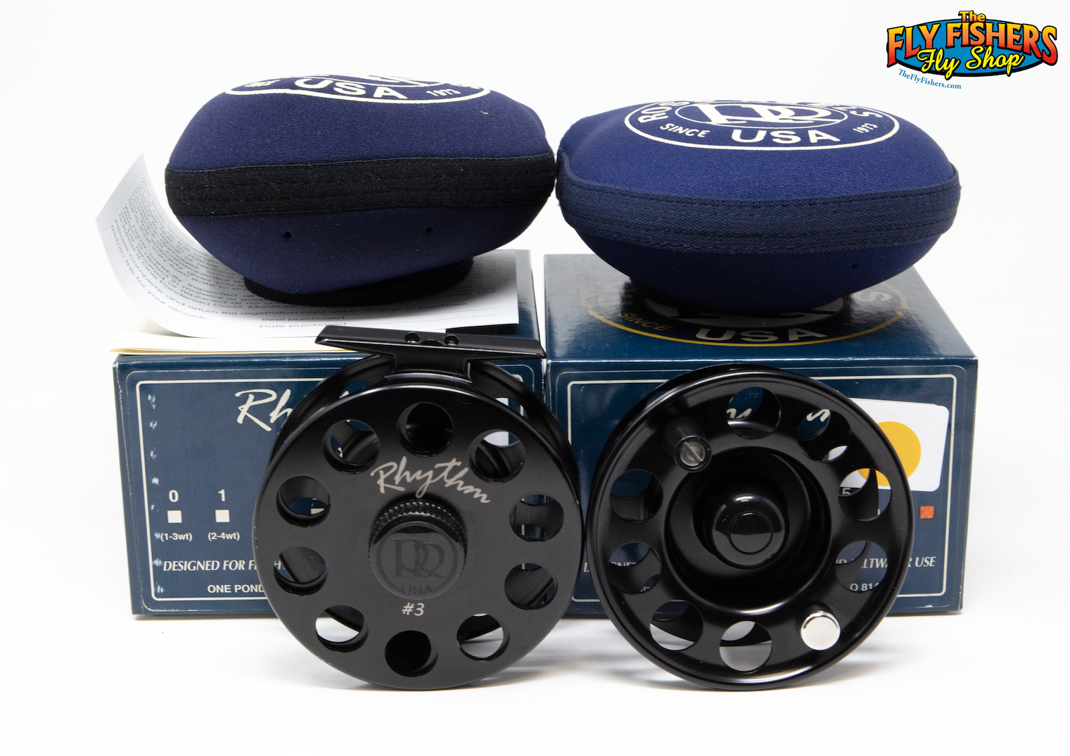 Used Ross Reels Rhythm 3 Black 5-7wt Fly Fishing Reel & Spool - Made in USA with boxes and pouches