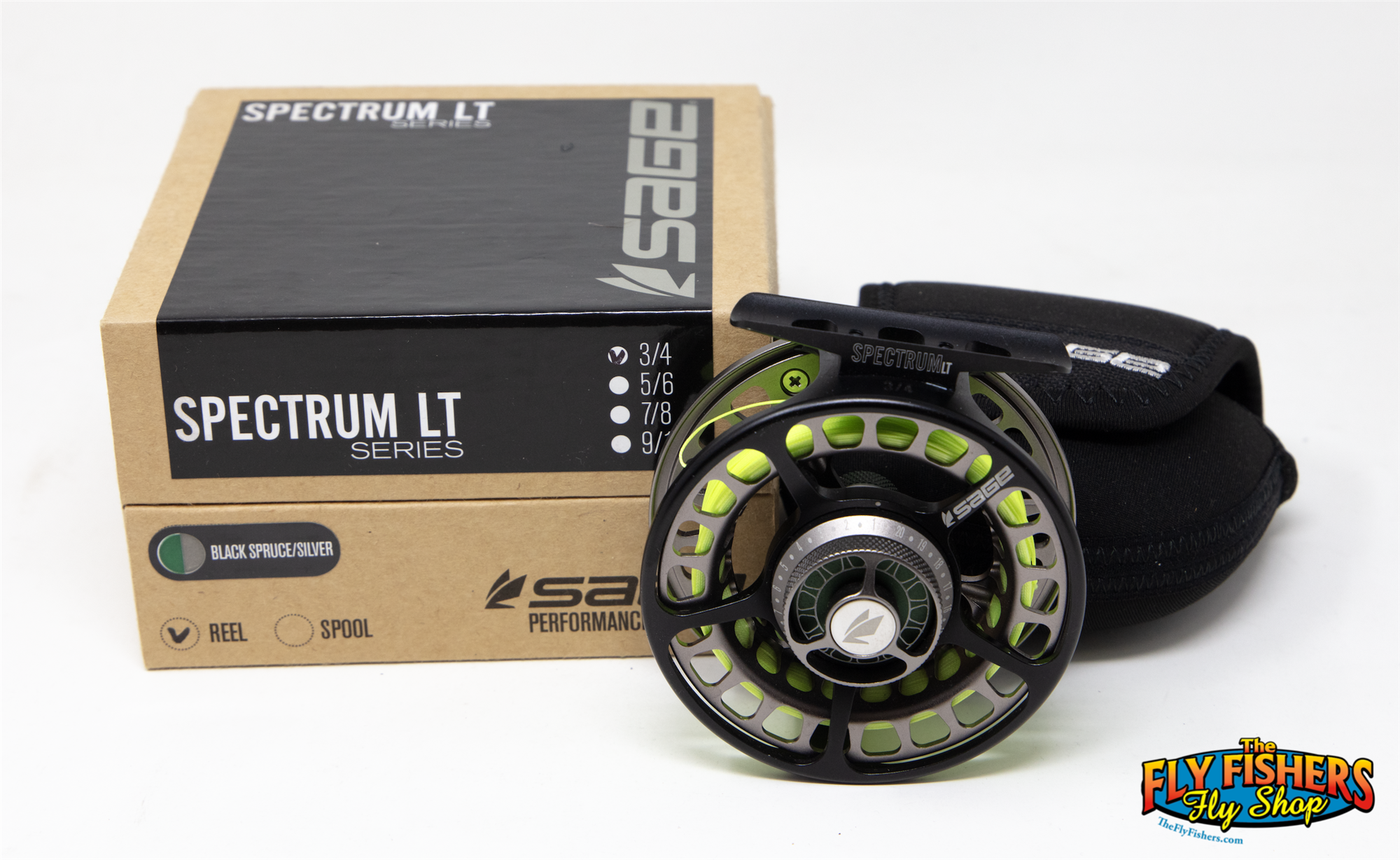 Used Sage Spectrum LT 3/4 Black Spruce/Silver 3-4wt Fly Fishing Reel with box and pouch